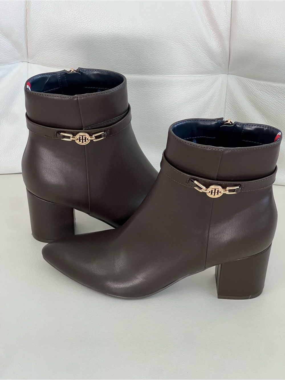 Tommy Hilfiger Dark Brown Leather Ankle Booties with Gold Logo Accent
